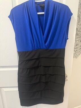 Enfocus Studio Royal Blue and Black Draped V-Neck Mini Dress